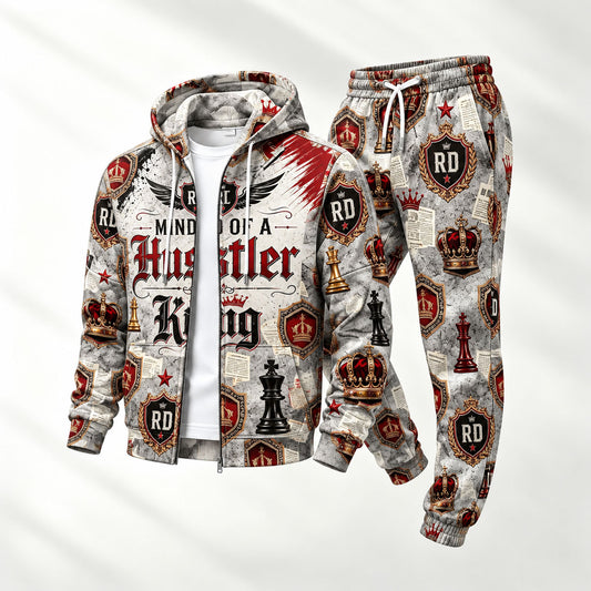 Men's Crown Chess Print Hooded Cardigan and Sweatpants Set