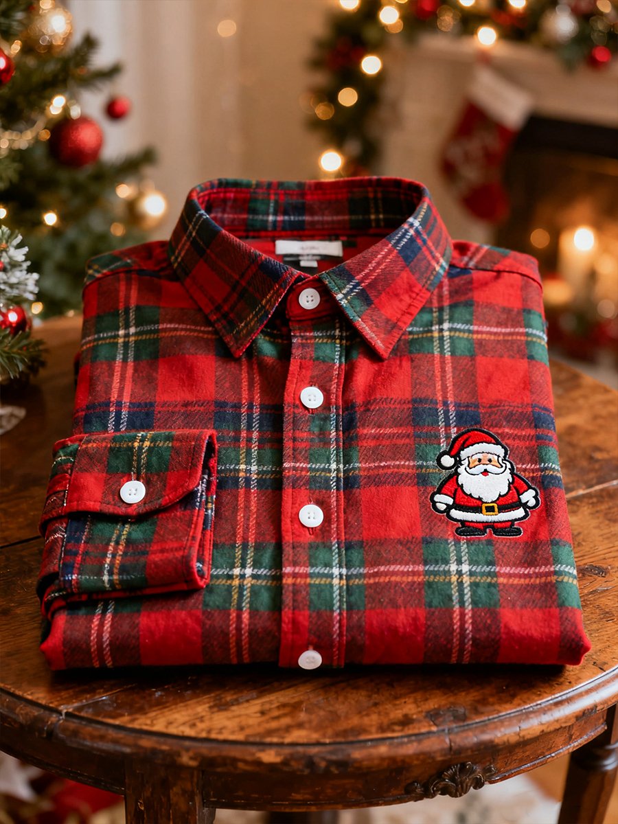 Men's Christmas Plaid Art Long Sleeve Shirt