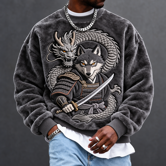 Men's “Samurai Wolf and Dragon” Print Crewneck Sweatshirt
