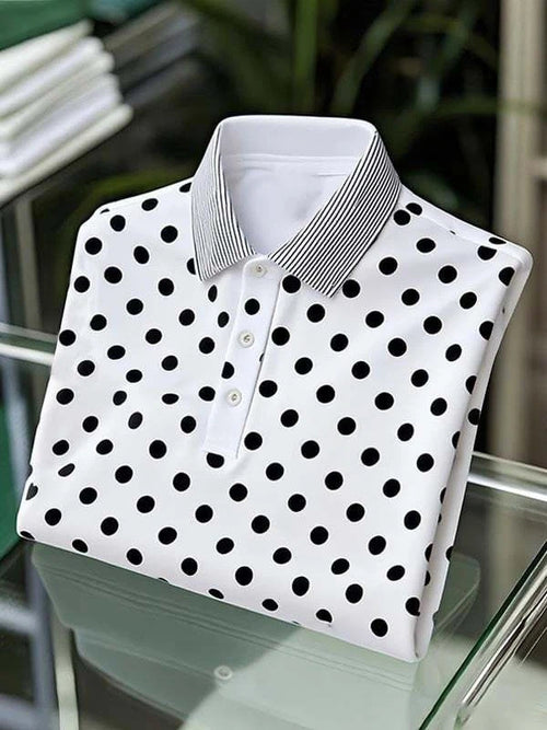 Men's Classic Business Black and White Polka Dot Logo Button Short Sleeve Polo Shirt