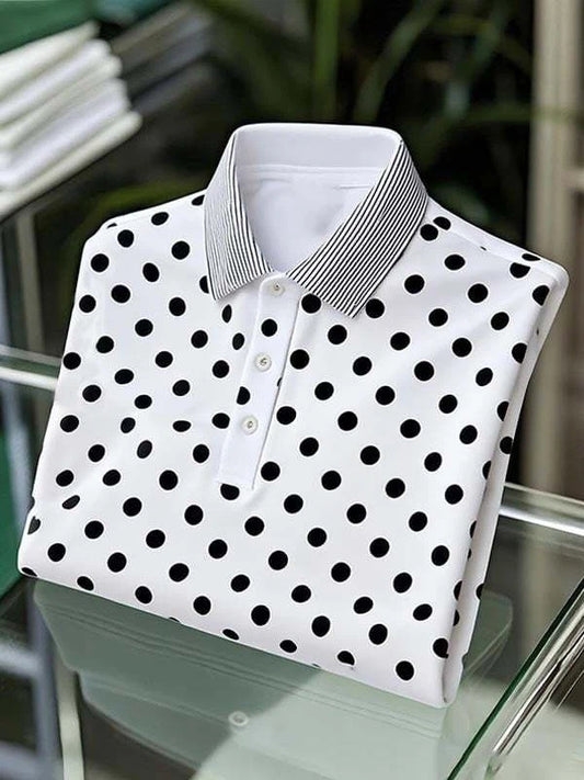 Men's Classic Business Black and White Polka Dot Logo Button Short Sleeve Polo Shirt