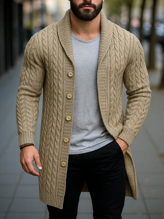 Men's mid-length sweater, thick needle twisted cardigan, woolen coat