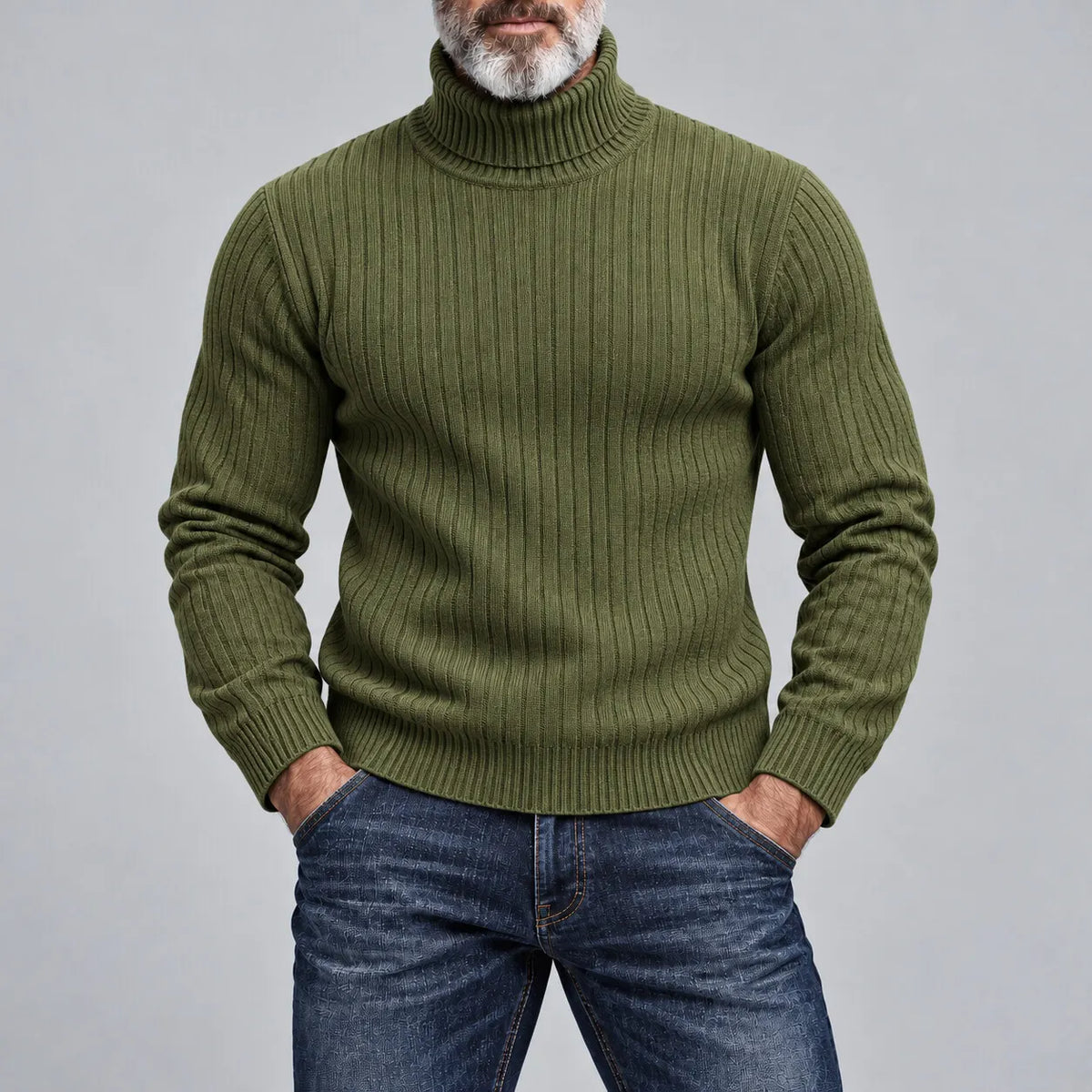 Men's Casual Solid Color Turtleneck Ribbed Knit Slim-Fit Pullover Sweater