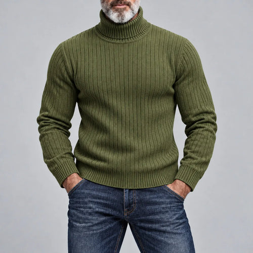 Men's Casual Solid Color Turtleneck Ribbed Knit Slim-Fit Pullover Sweater