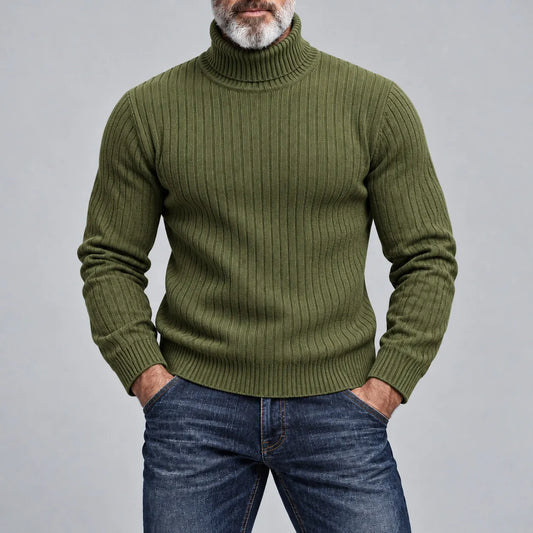 Men's Casual Solid Color Turtleneck Ribbed Knit Slim-Fit Pullover Sweater