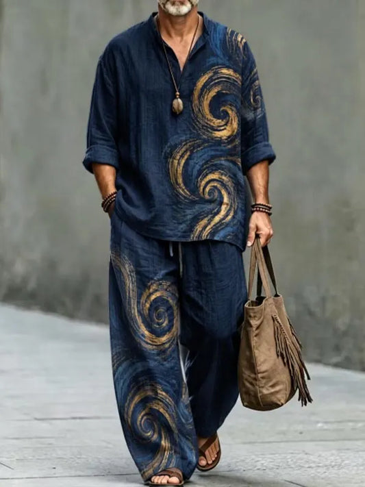 Men's Golden Spiral Wave Print Half Button Long Sleeve Shirt Pants 2pcs Set
