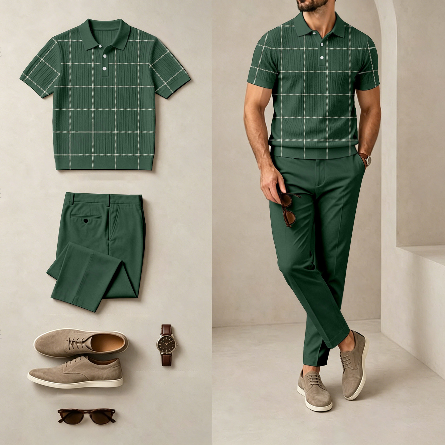 Men's Casual Diamond-Patterned Short-Sleeve Polo Shirt And Pants Set (Excludes Accessories Such As Watches And Glasses)