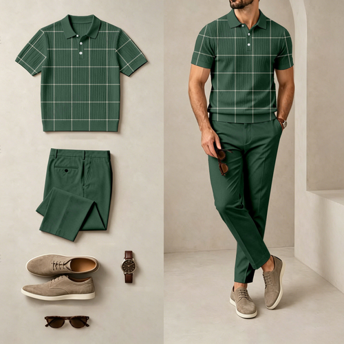 Men's Casual Diamond-Patterned Short-Sleeve Polo Shirt And Pants Set (Excludes Accessories Such As Watches And Glasses)