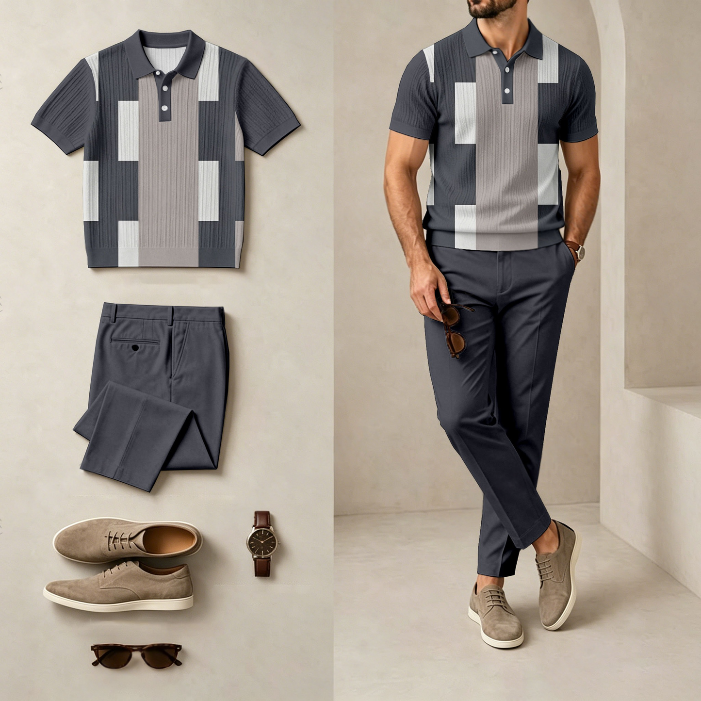 Men's Casual Checkered Short-Sleeve Polo Shirt And Pants Set (Excluding Accessories Such As Watches And Glasses)