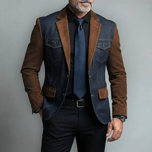 Men's Vintage Notched Lapel Contrast Color Denim Suede Spliced Single Breasted Chest Pocket Long Sleeve Blazer