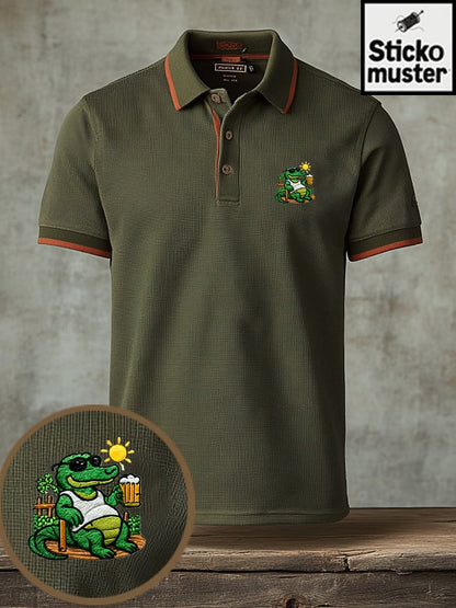 Men's Retro Waffle Colorblock    Embroidered Button-Down Polo Shirt