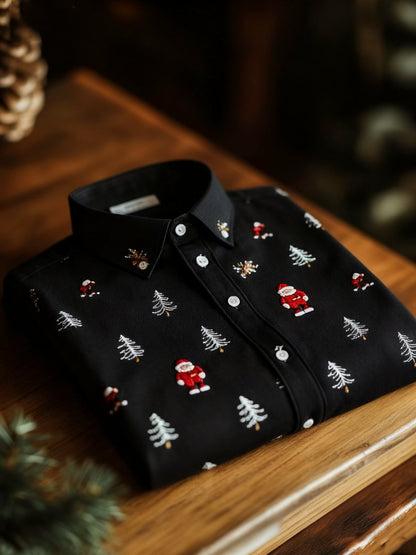 Men's Business Luxury Christmas Evergreen Pine and Santa Claus Print Long Sleeve Shirt