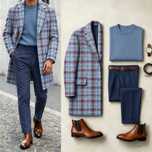 Men's Colorful Checkered Print Suit Set: Jacket, Knit Sweater, and Pants