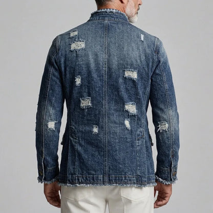 Men's Retro Ripped Frayed Edge Stand Collar Double-Breasted Denim Jacket