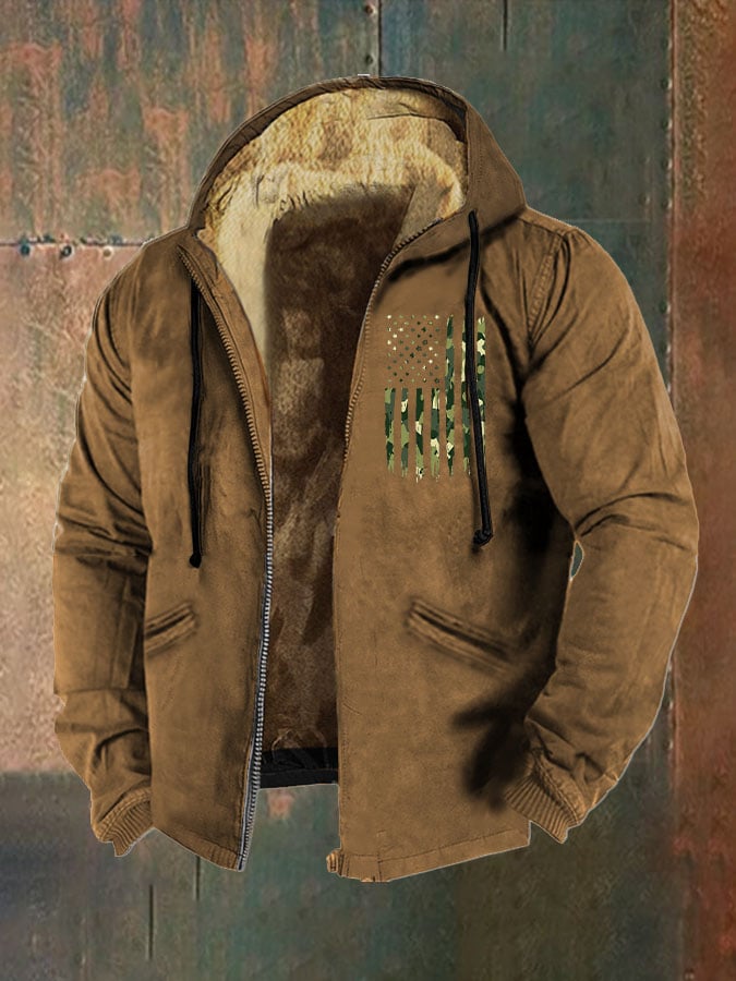 Men's Retro Camo Flag Print Zip Hooded Jacket