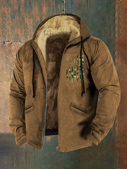 Men's Retro Camo Flag Print Zip Hooded Jacket