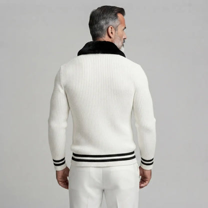 Men's White Ribbed Knit Contrast Fuzzy Collar Striped Trim Single Breasted Cardigan