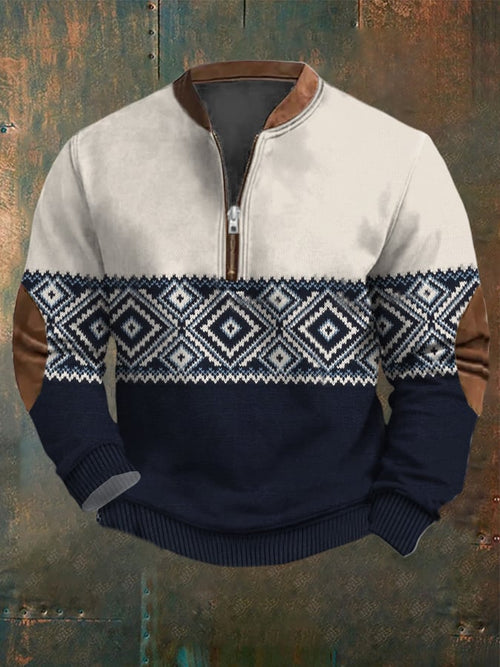 Men's Vintage Knitted Jacquard Design Printed Zipper Collar Sweatshirt