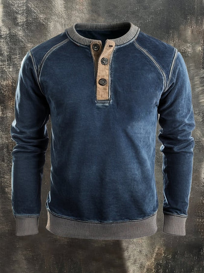 Men's Retro Stitching Contrast Color Henley Collar Casual Long Sleeve Sweatshirt