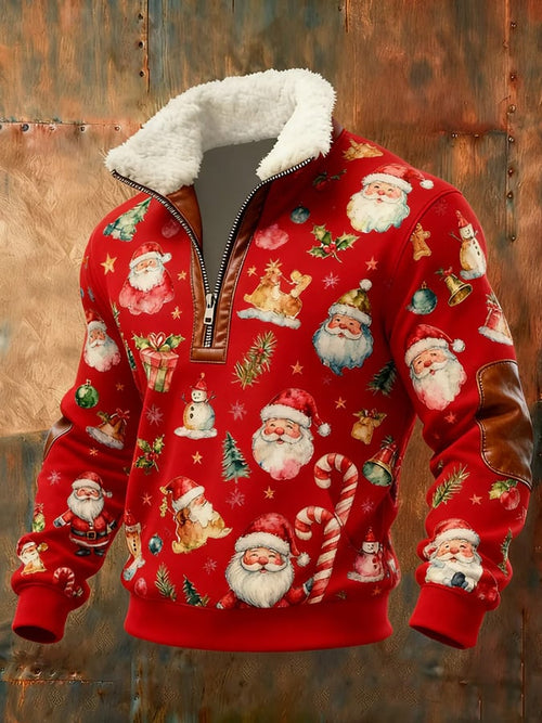 Men's Christmas Art Design Printed Plush Stand Collar Sweatshirt