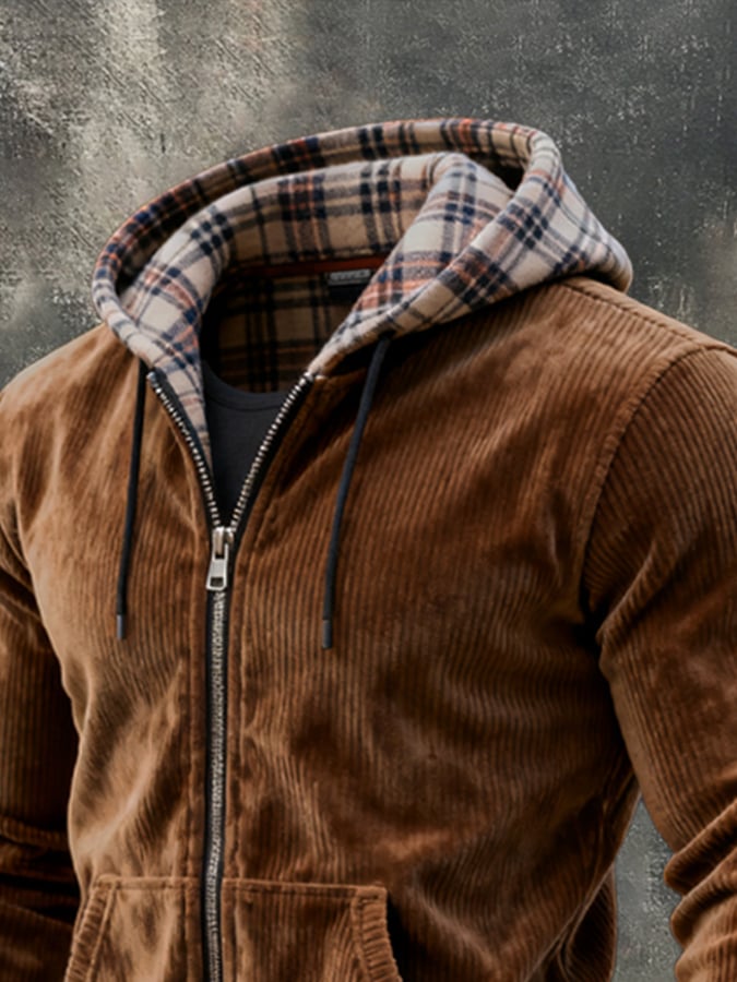 Men's Vintage Corduroy Plaid Fake Two-Piece Hooded Jacket