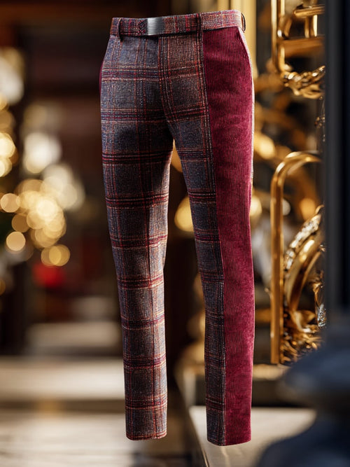 Men's Corduroy Retro Business Casual Check Pattern Burgundy Pants