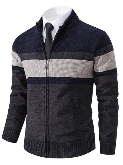 Men's Stylish Contrasting Color Design Velvet Warm Zipper Sweater Jacket