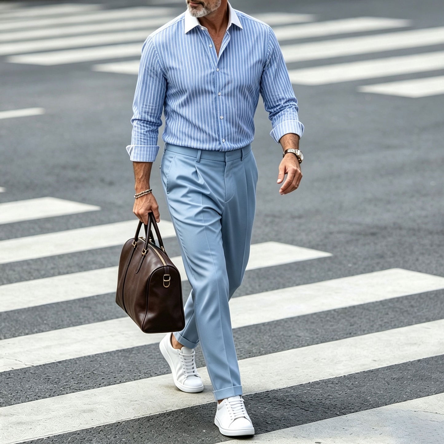 Men's Striped Long-Sleeve Shirt and Pants Set with a Turn-Down Collar