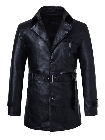Men'S Stylish Suit Collar Mid-Length With Belt Casual Leather Trench Coat