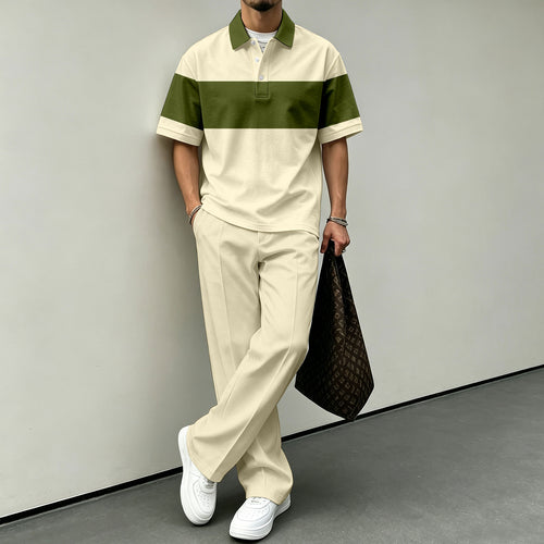 Men's Color-Blocked Short-Sleeve Polo Shirt and Pants Set