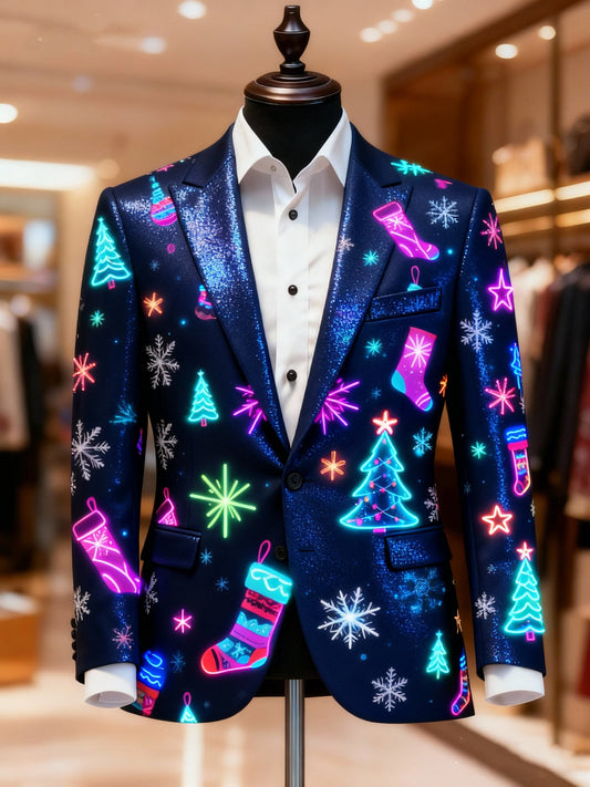 Men's Business Casual Large Pocket Vintage Christmas Pearlescent Print Blazers