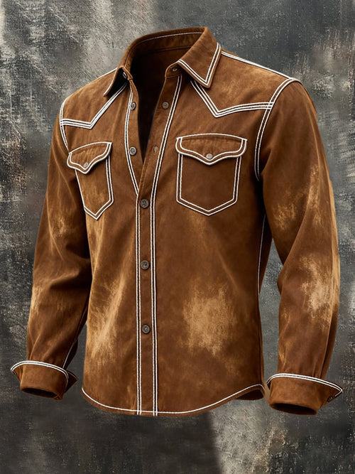 Men'S Vintage Distressed Color-Block Long-Sleeved Shirt