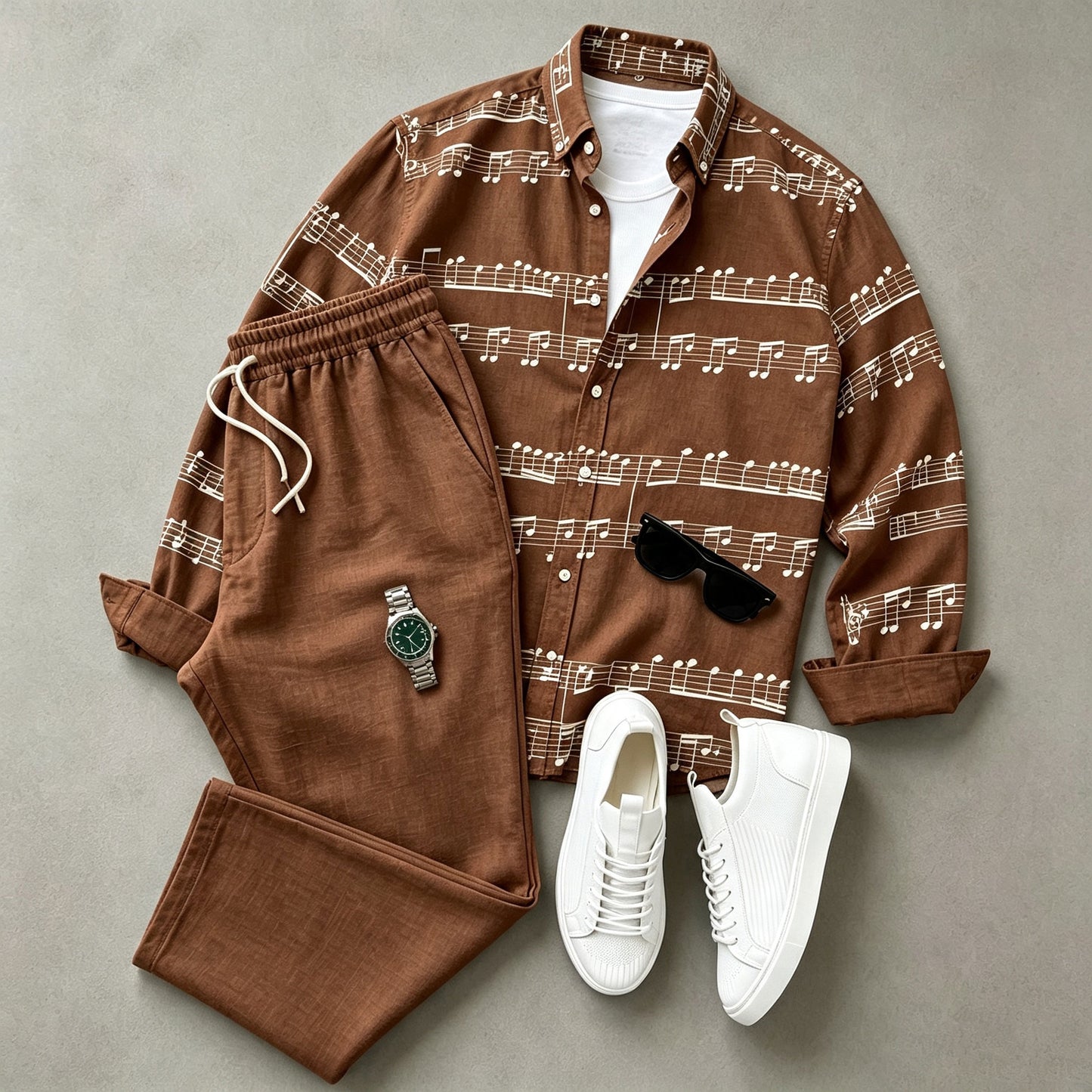 Men's Long-Sleeve Shirt and Pants Set with Musical Note Print