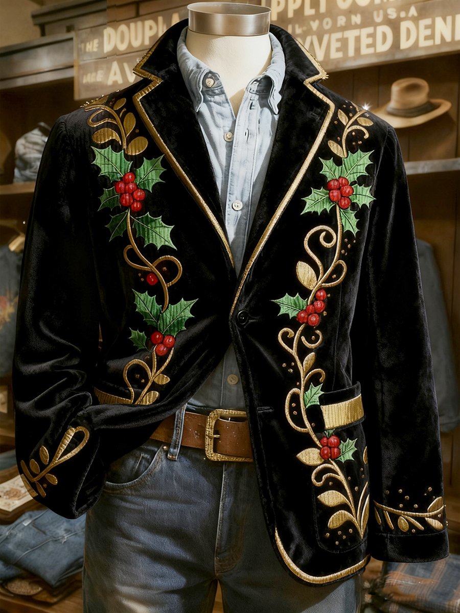 Men's Corduroy Christmas Holly Lapel Blazer