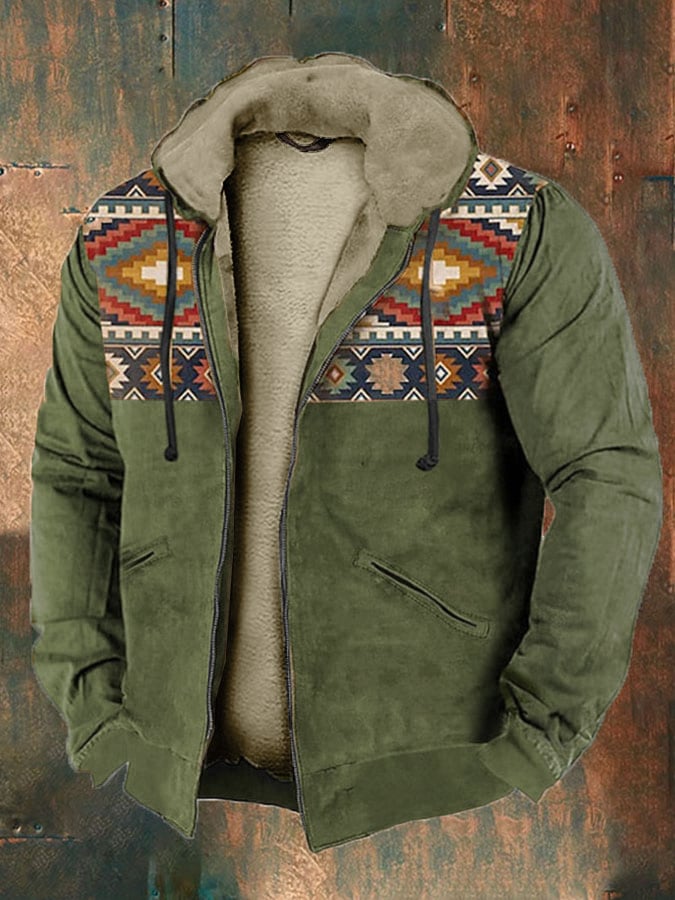 Men'S Retro Western Print Cotton Zipper Outerwear