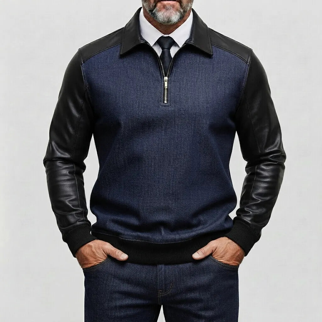 Men's Denim PU Leather Patchwork Long Sleeve Half Zip Sweatshirt