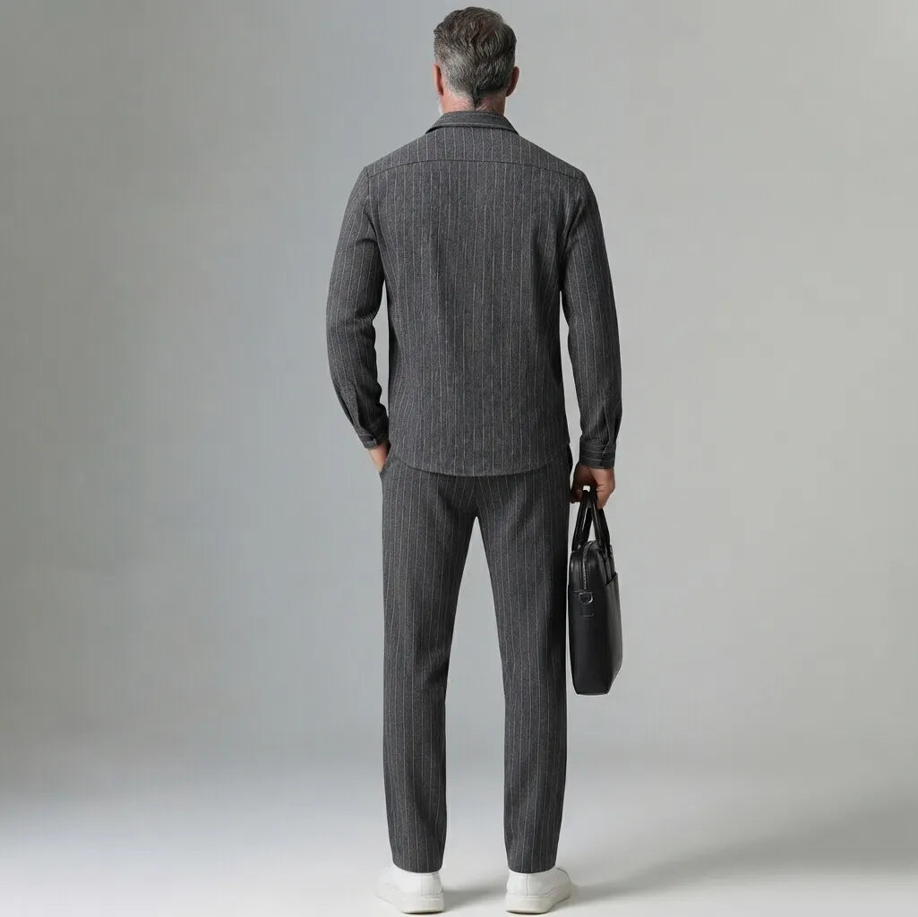 Men's Dark Gray Pinstripe Print Chest Pocket Button-Up Shirt & Suit Pants 2Pcs Set