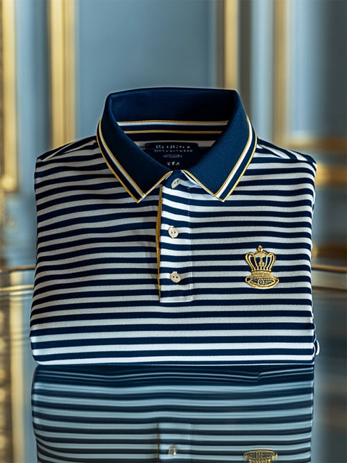 Men's Business Casual Striped Logo Button Short Sleeve Polo Shirt