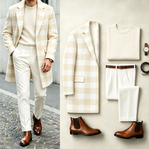 Men's Checkered Suit Set: Coat, Knit Sweater, and Pants