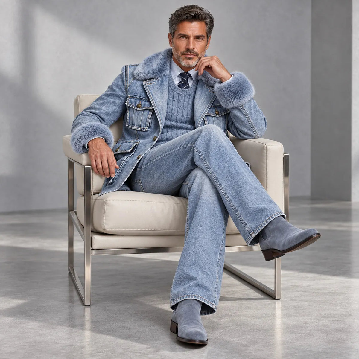 Men's Chic Light Blue Denim Contrast Fluffy Collar Gold Buttons Multi-Pockets Blazer