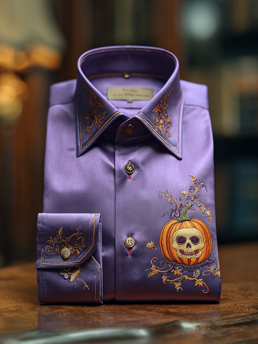 Men's Luxe Satin Halloween Pumpkin Long Sleeve Shirt