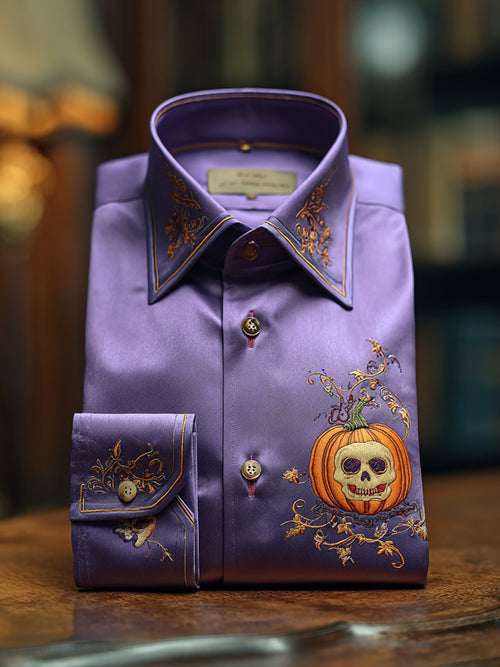 Men's Luxe Satin Halloween Pumpkin Long Sleeve Shirt