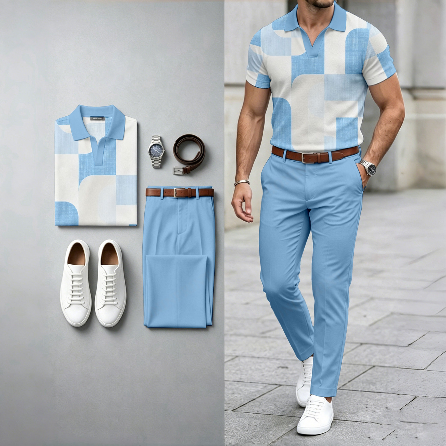 Men's Casual Checkered Two-Tone Print Short-Sleeve Polo Shirt And Pants Set (Watch And Belt Not Included)