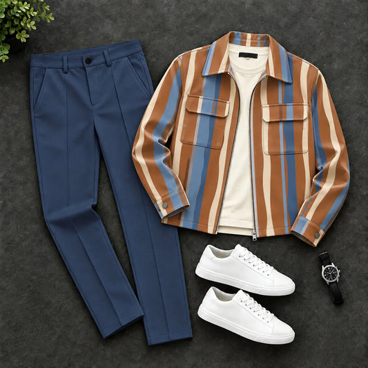 Men's Striped Print Zipper Cardigan and Pants Two-Piece Set