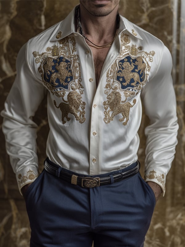 Men's Satin Luxe Lion Logo Button-Down Long Sleeve Shirt