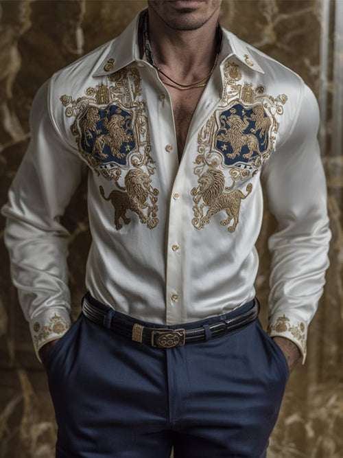 Men's Satin Luxe Lion Logo Button-Down Long Sleeve Shirt