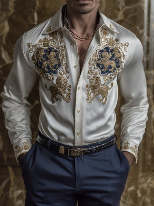 Men's Satin Luxe Lion Logo Button-Down Long Sleeve Shirt