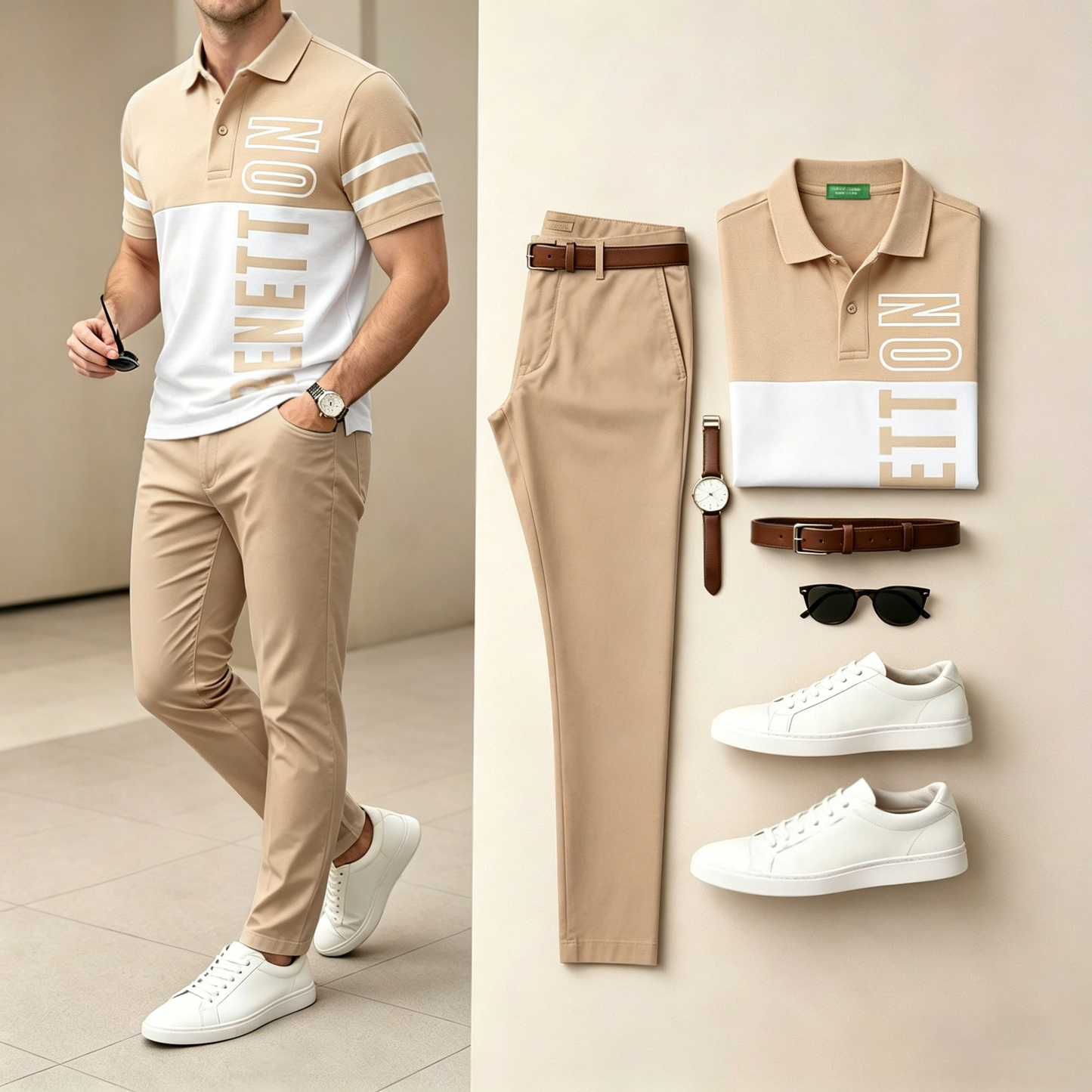 Men's Casual Contrasting Letter Printed Polo Shirt And Pants Two-Piece Set