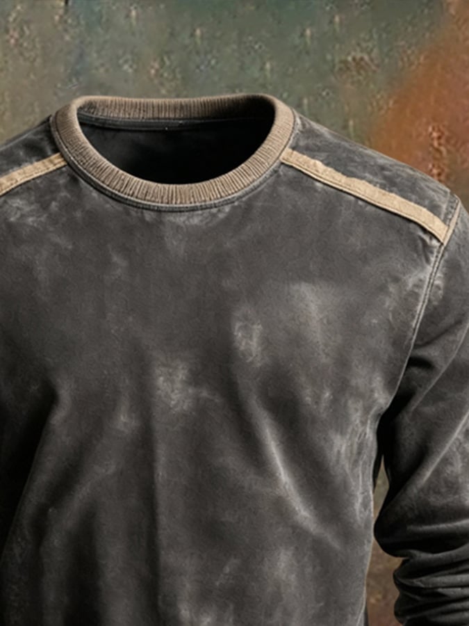 Men'S Retro Distressed Stitching Contrast Color Crew Neck Sweatshirt