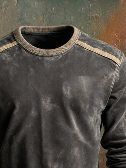 Men'S Retro Distressed Stitching Contrast Color Crew Neck Sweatshirt